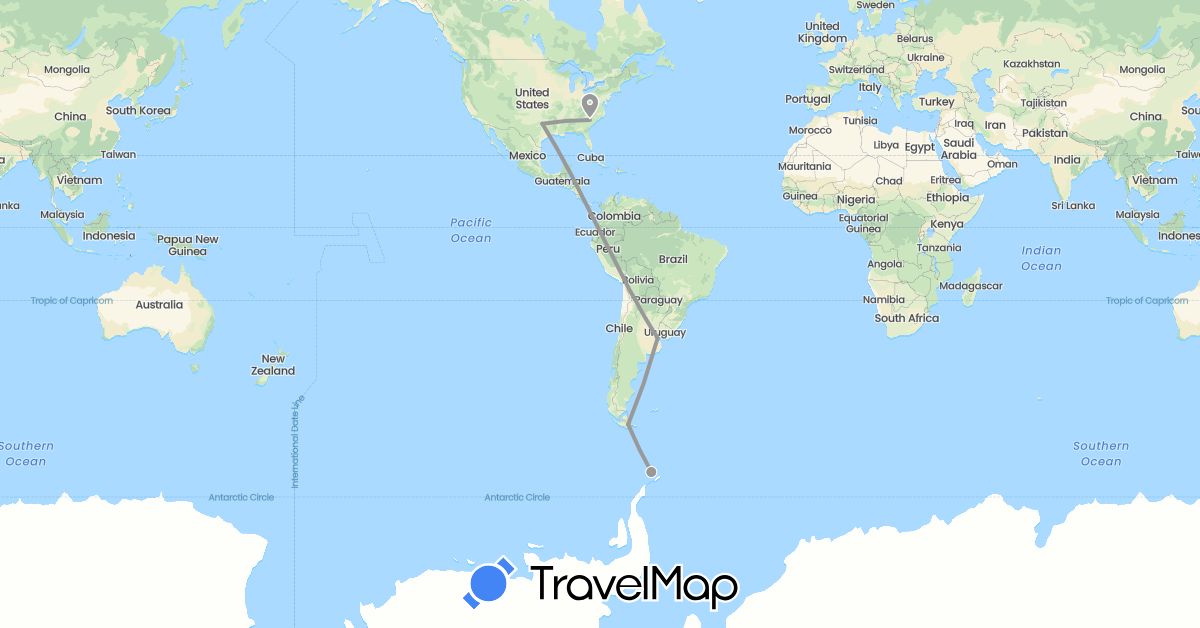 TravelMap itinerary: driving, plane in Antarctica, Argentina, United States (Antarctica, North America, South America)